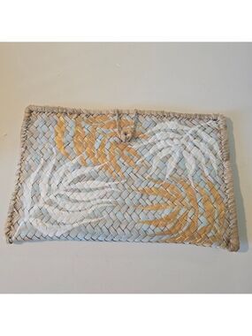 Woven Straw Clutch with Blue and Gold Pattern